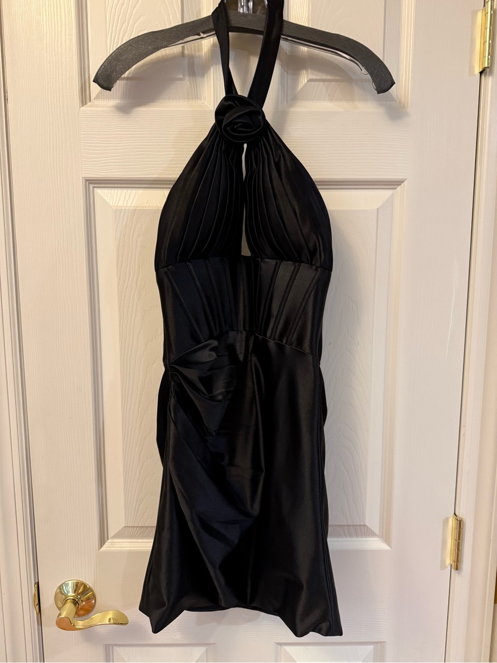 Strapless Black Halter Cocktail Dress with Rosette Detail Homecoming Dress